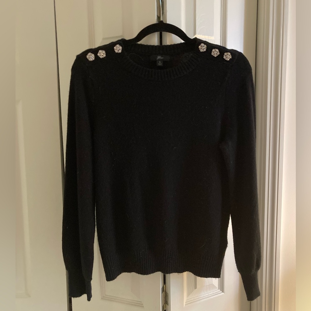 J CREW black crew neck sweater with rhinestone button details, small